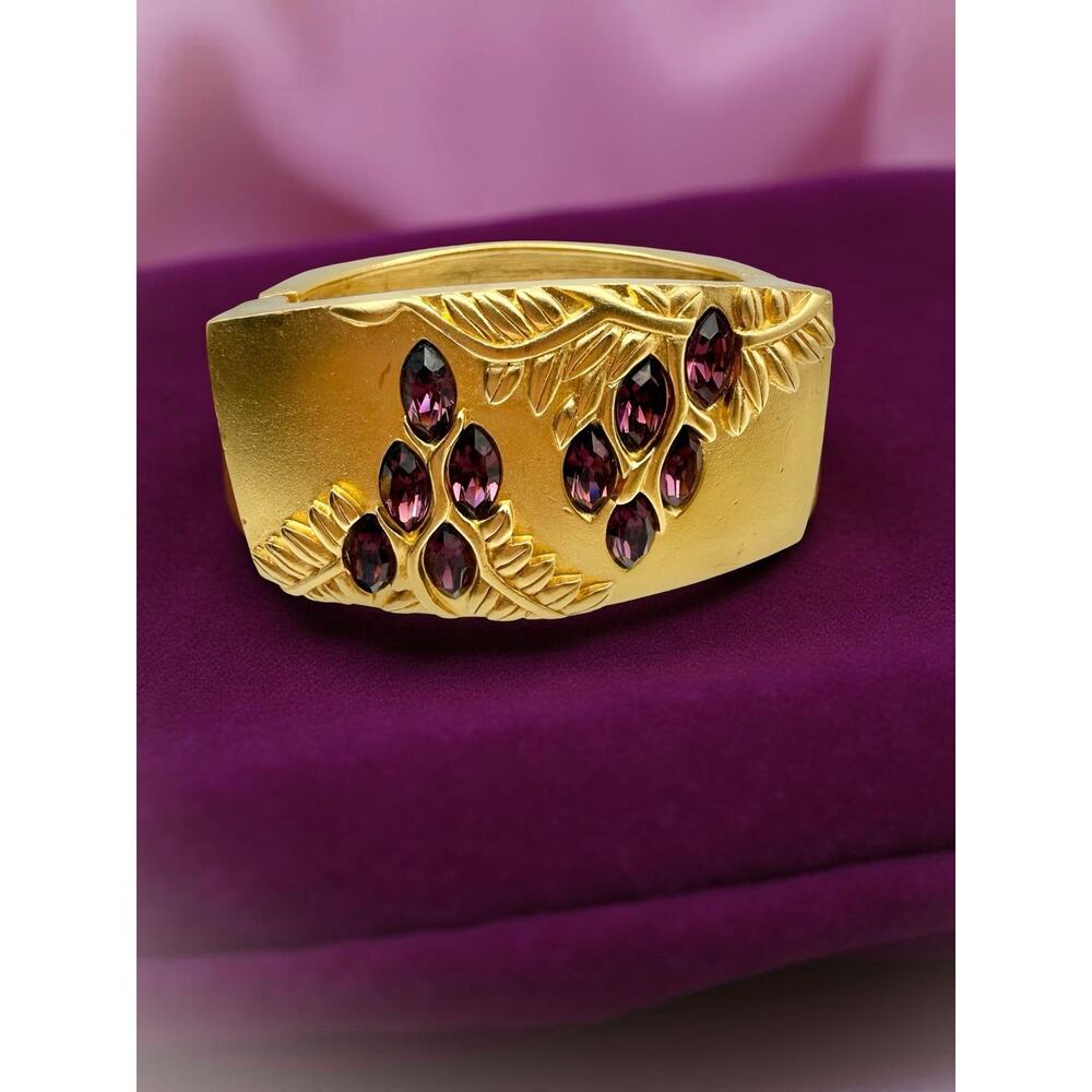 RARE Monet Wisteria Purple Crystal Gold Tone Hinged Cuff Bracelet
